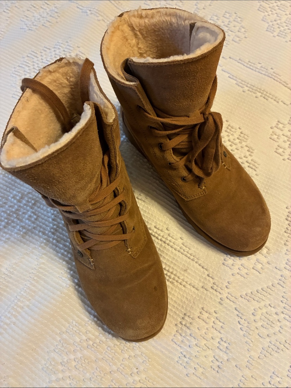 BearPaw Tan Suede Lace-Up Faux Shearling Boots